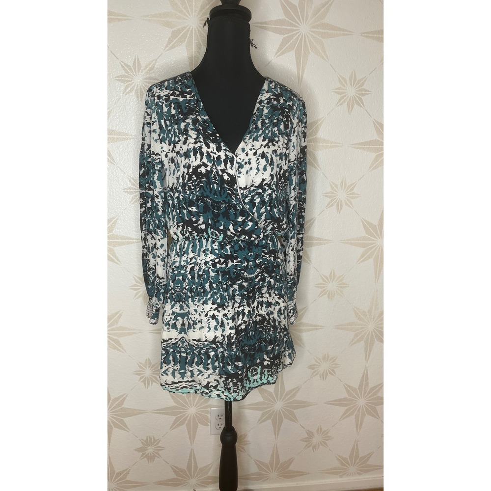 Parker Silk Mini Dress Teal Black Abstract Print Open Back Long Sleeve Small